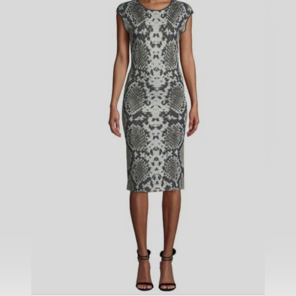 NK32 Naeem Khan Women's Gray Printed Cap Sleeve Round Neck Dress Size M